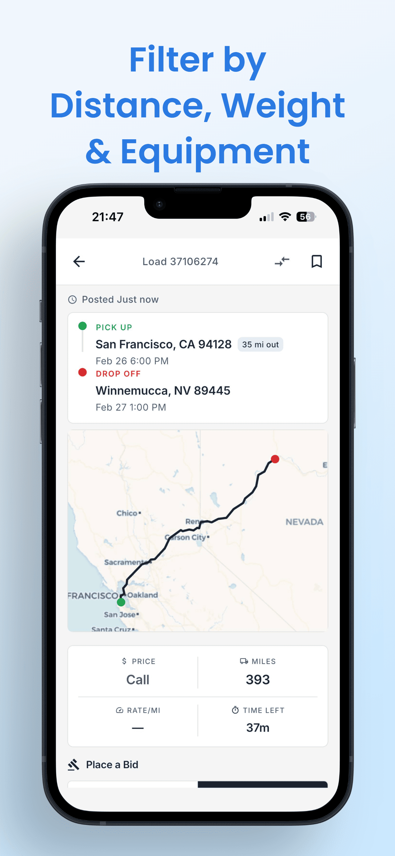 Load detail — filter by distance, weight and equipment, place a bid