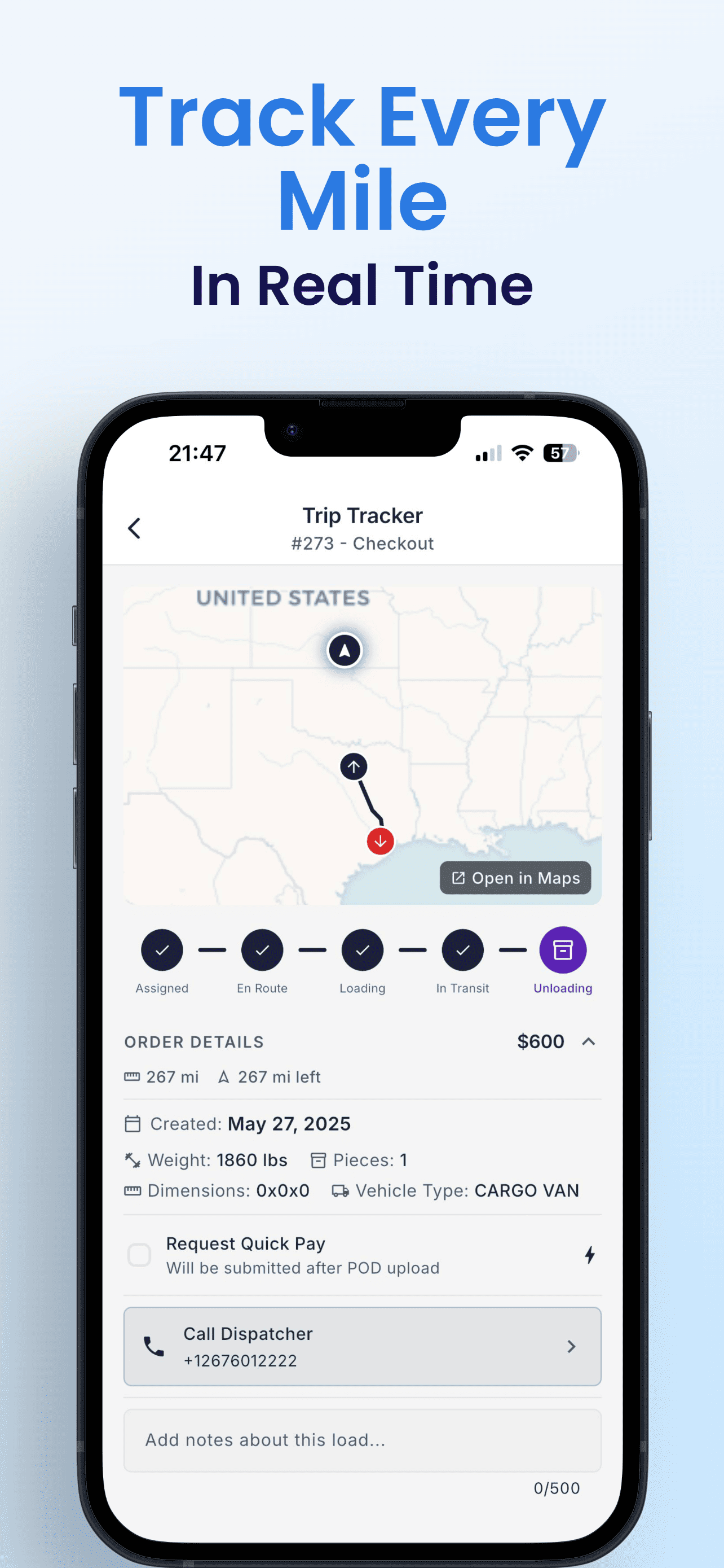 Real-time trip tracking in the CargoAI app