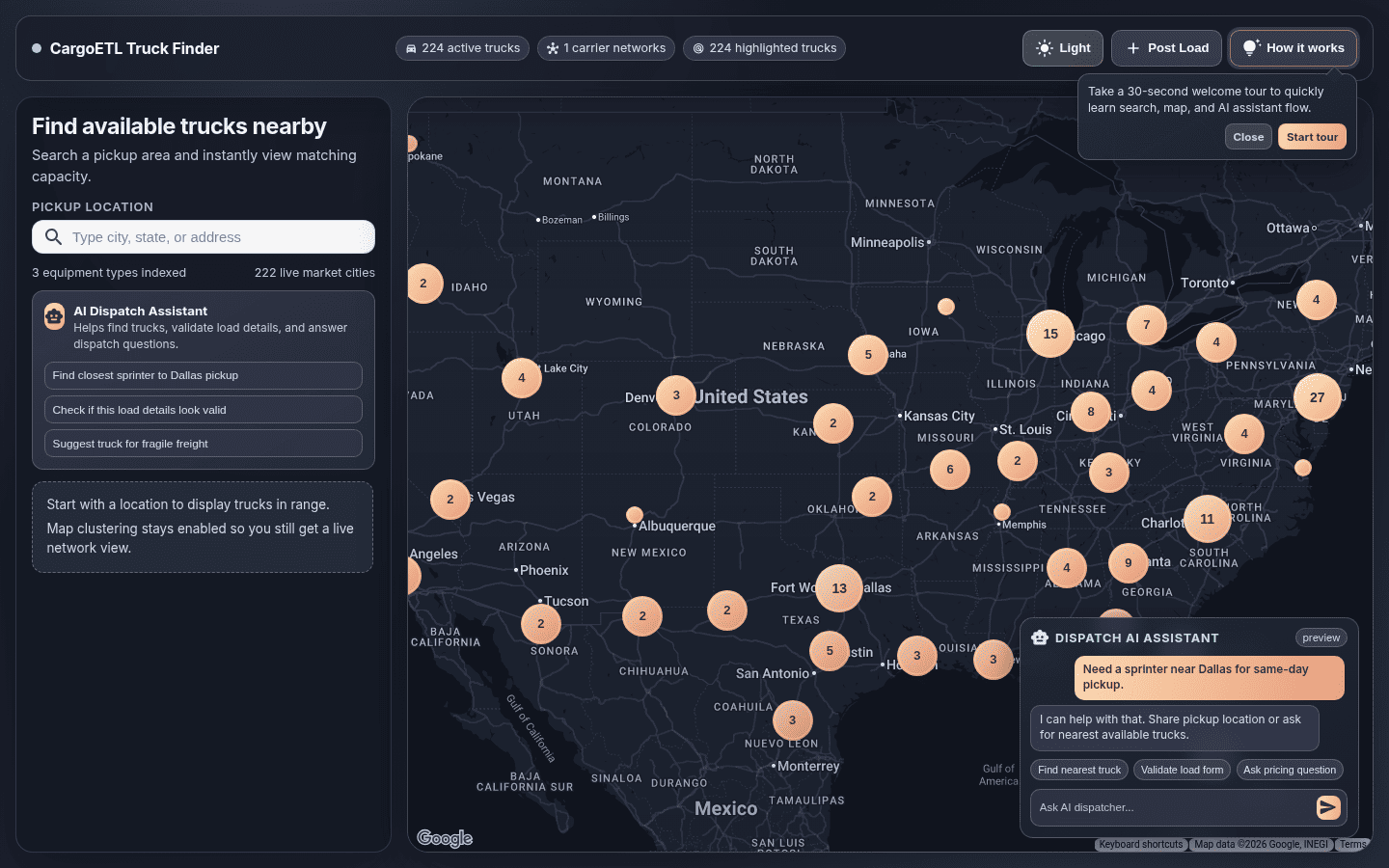 Live CargoETL truck availability map showing real-time capacity across the United States
